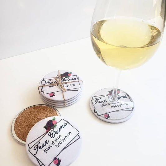 True Crime, Glass of wine, Bed by 9 | Embroidery Replica Coasters (Set of 4)